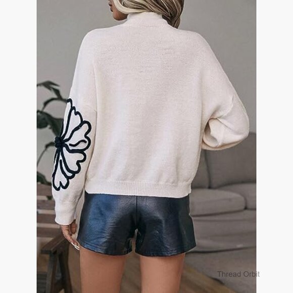 Floral Mock Neck Long Sleeve Pullover Sweater Knit Top Drop Shoulder - Picture 2 of 6